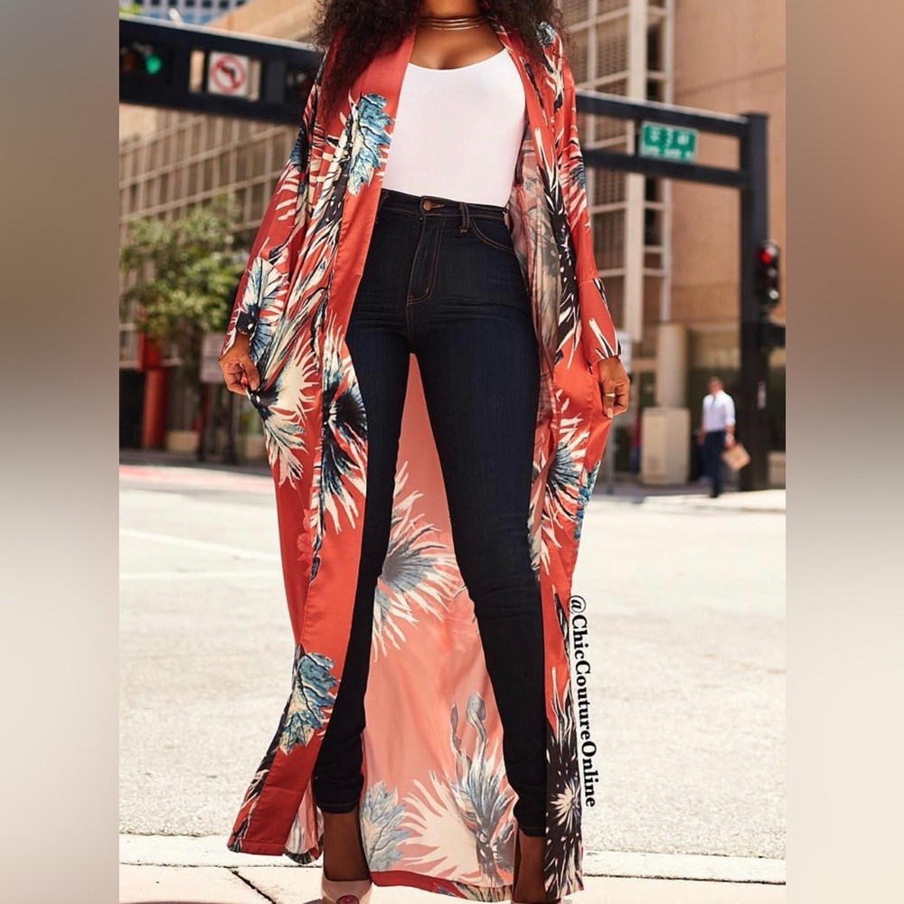 Salmon colored Floral Print Long Duster Kimono Large